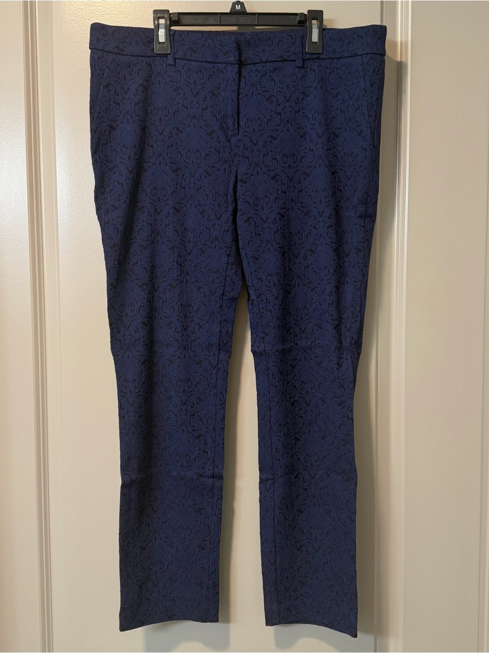 Adrienne Vittadini Navy Blue Brocade Skinny Stretch Pants Size 14